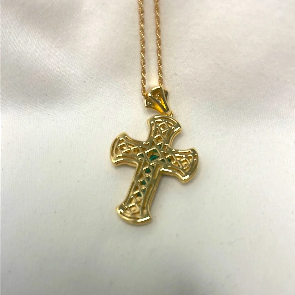 NWOT FWM Moissanite & Created Emerald Cross Necklace 925 Sterling Silver